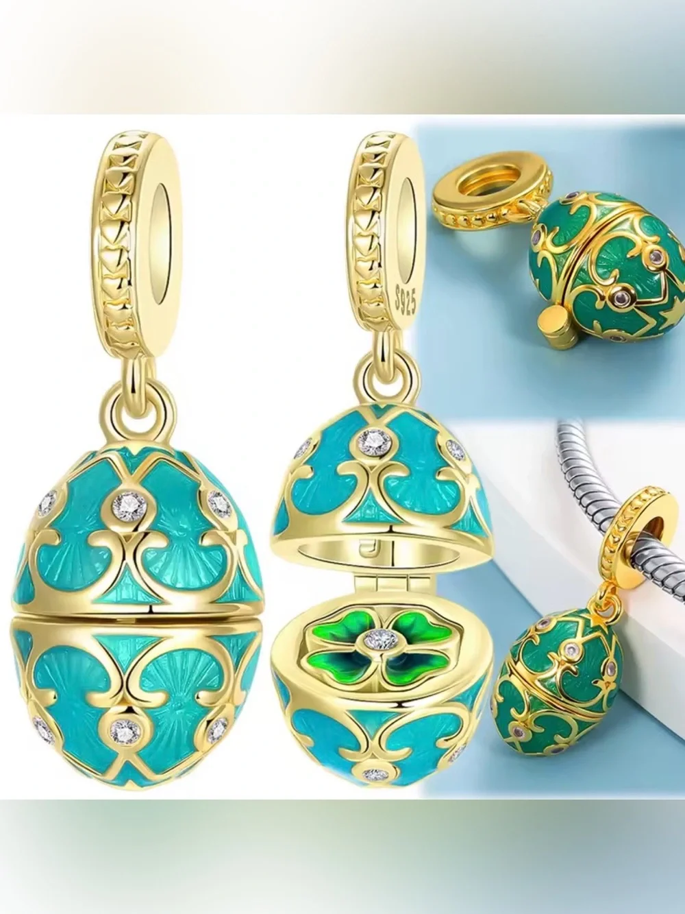 Pandora Gold & Turquoise Egg Locket Dangle Earrings